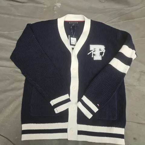TOMMY HILFIGER VARSITY GRAPHIC V-NECK CARDIGAN IN DARK NIGHT NAVY - SIZE 12