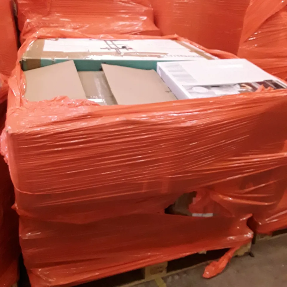 PALLET OF ASSORTED PRODUCTS INCLUDING MOBILE TV STAND FOR 40"-70" SCREENS, HOMIDEC PORTABLE WARDROBE, OFFICE CHAIR, AURORAS HOT/COLD WATER DISPENSER