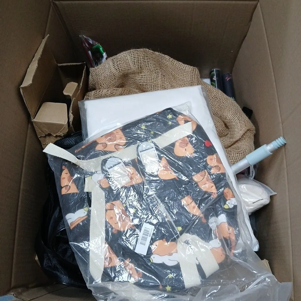 BOX OF APPROXIMATELY 20 ASSORTED HOUSEHOLD ITEMS INCLUDING ORANGE PEELER , CHRISTMAS GIFT BAGS AND LED LIGHT 