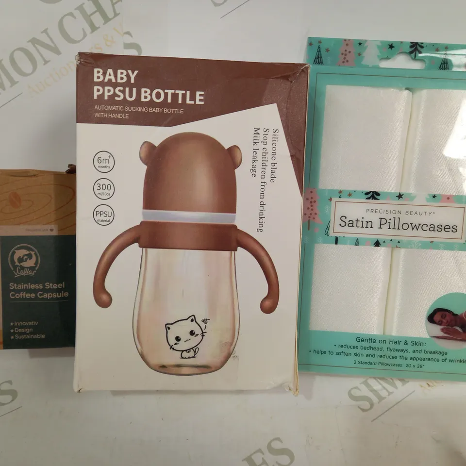 LOT OF APPROXIMATELY 10 ASSORTED HOUSEHOLD ITEMS TO INCLUDE SATIN PILLOWCASES, BABY PPSU BOTTLE, STAINLESS STEEL COFFEE CAPSULE, ETC