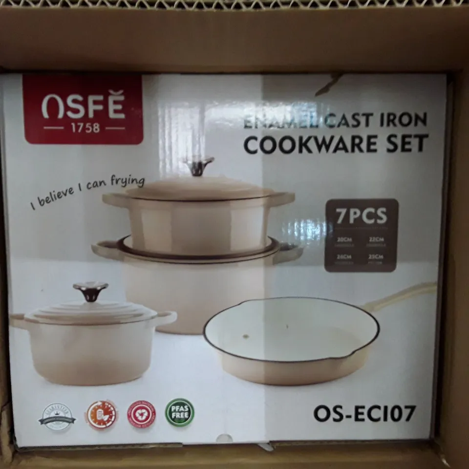 BOXED ENAMEL CAST IRON COOKWARE SET - 7PCS - GREY