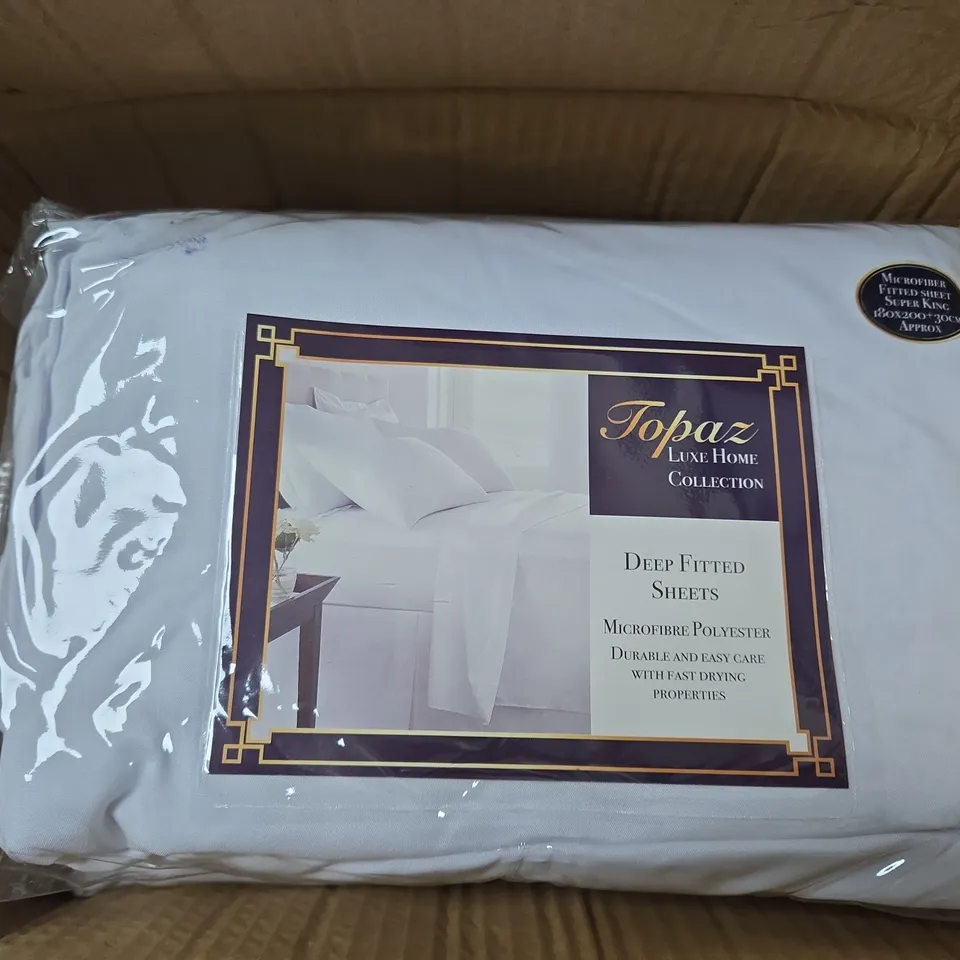 TOPAZ LUXE HOME COLLECTION DEEP FITTED SHEETS – MICROFIBRE POLYESTER, SUPER KING, BOX OF APPROXIMATELY 8
