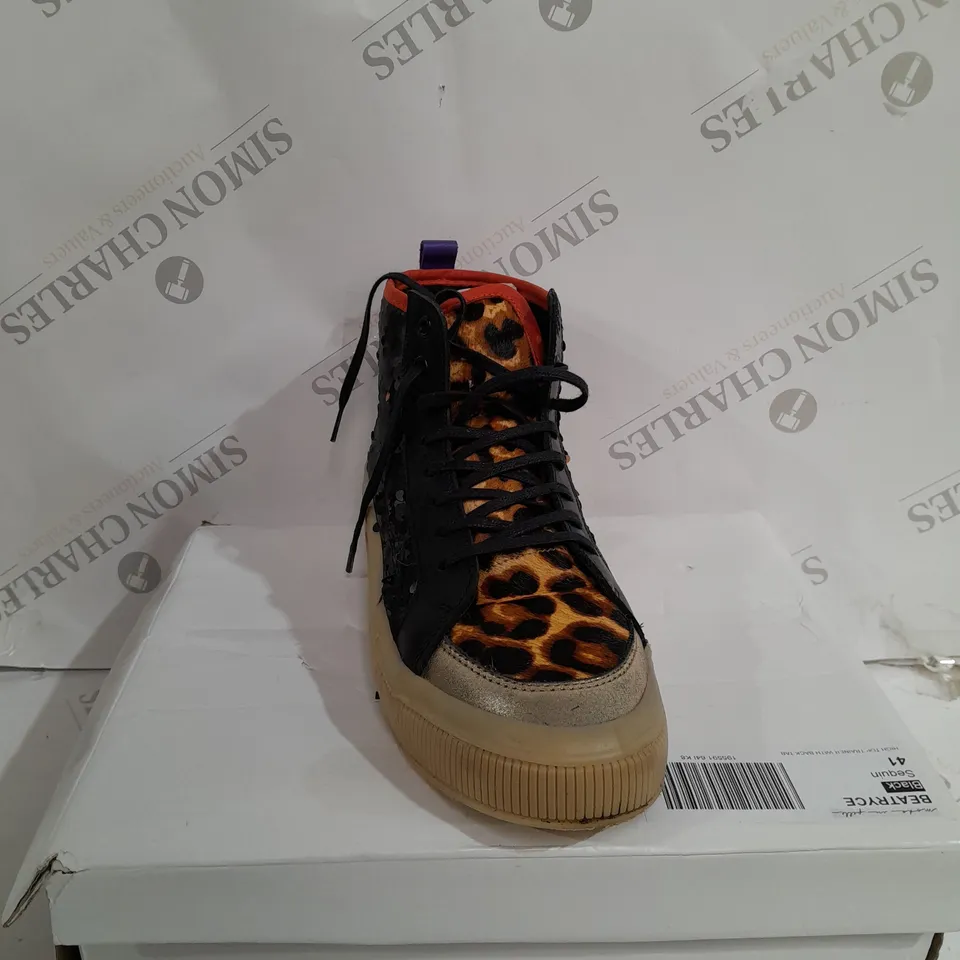 BOXED PAIR OF MODA IN PELLE BEATRYCE HIGH TOP TRAINERS IN LEOPARD PRINT DESIGN EU SIZE 8