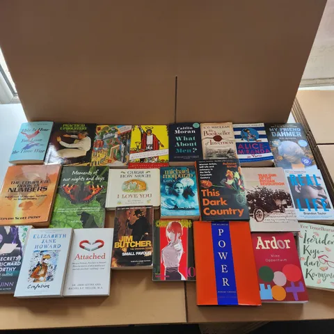 CAGE OF A SIGNIFICANT QUANTITY OF ASSORTED BOOKS BY MAX GLADSTONE, TATSUKI FUJIMOTO, CAITLIN MORAN, JULIA QUINN, ROBERT GREENE, REBECCA BIRELL, ETC