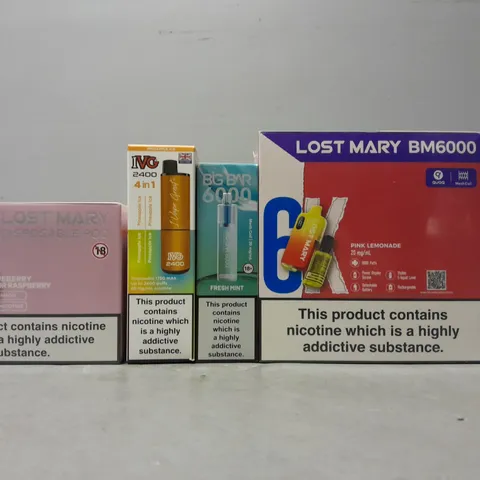 APPROXIMATELY 10 ASSORTED E-CIGARETTE PRODUCTS TO INCLUDE - LOST MARY , IVG 2400 , BIG BAR ETC