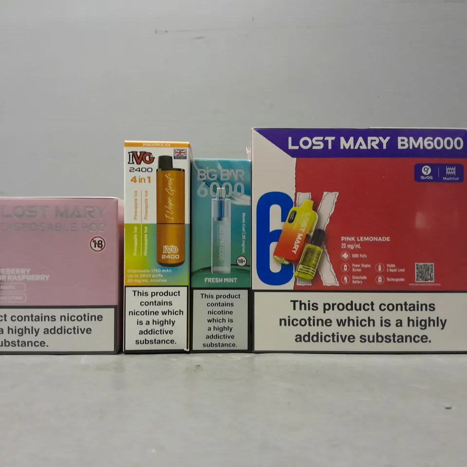 APPROXIMATELY 10 ASSORTED E-CIGARETTE PRODUCTS TO INCLUDE - LOST MARY , IVG 2400 , BIG BAR ETC