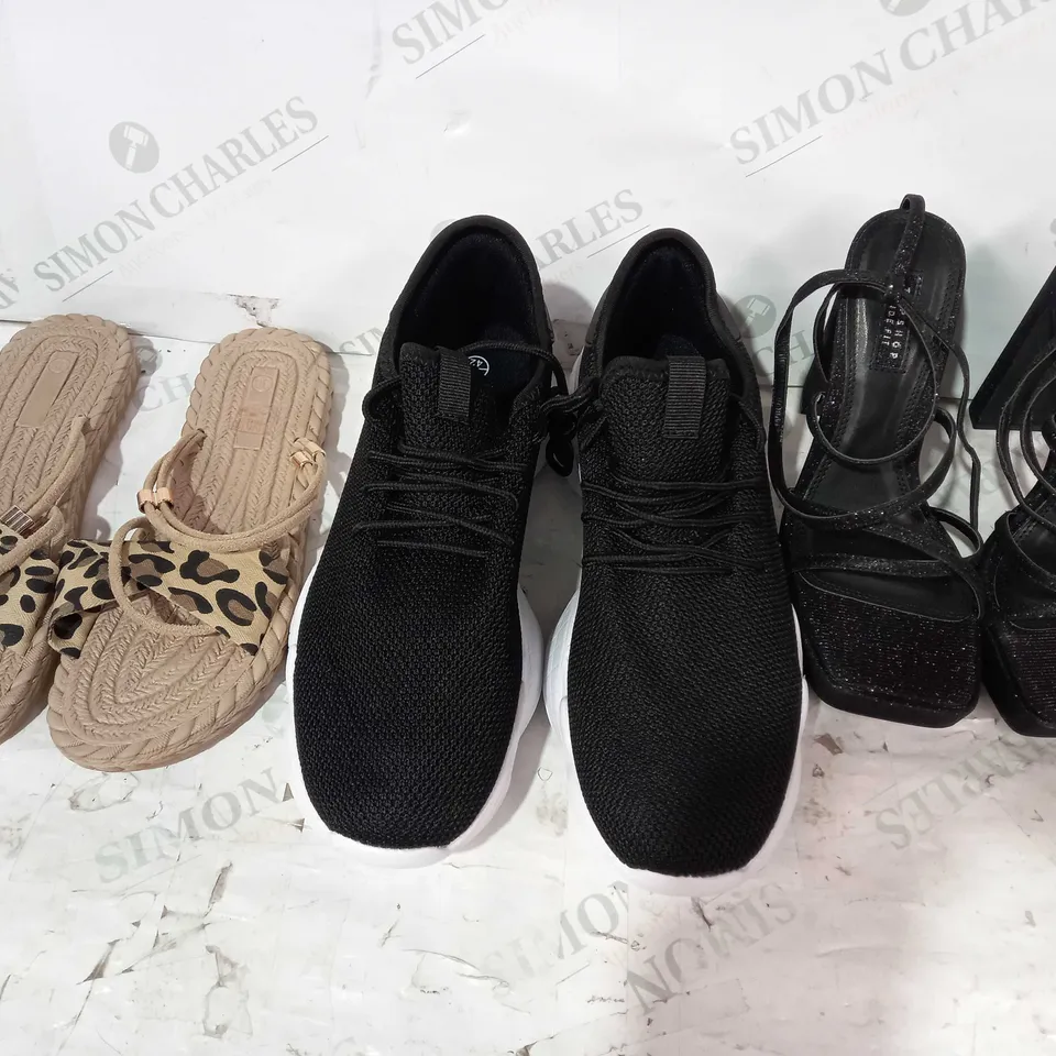 BOX OF APPROXIMATELY 15 ASSORTED PAIRS OF SHOES AND FOOTWEAR ITEMS IN VARIOUS STYLES AND SIZES TO INCLUDE TOPSHOP, TRUFFLE, ETS