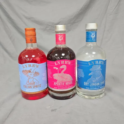 LOT OF 3 LYRES 700ML NON-ALCHOLIC SPIRITS - VARIOUS FLAVOURS