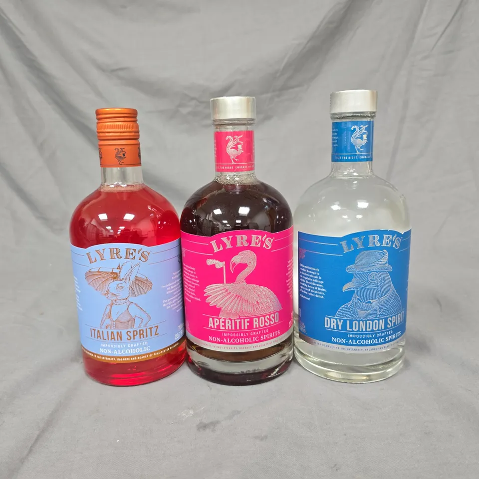 LOT OF 3 LYRES 700ML NON-ALCHOLIC SPIRITS - VARIOUS FLAVOURS