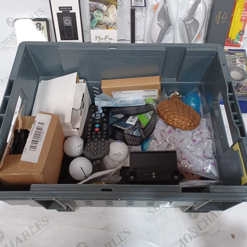 BOX TO CONTAIN APPROX. 20 X ASSORTED HOUSEHOLD PRODUCTS. INCLUDES TV REMOTES, GOLF BALLS, PARKER PEN, FANS ETC 