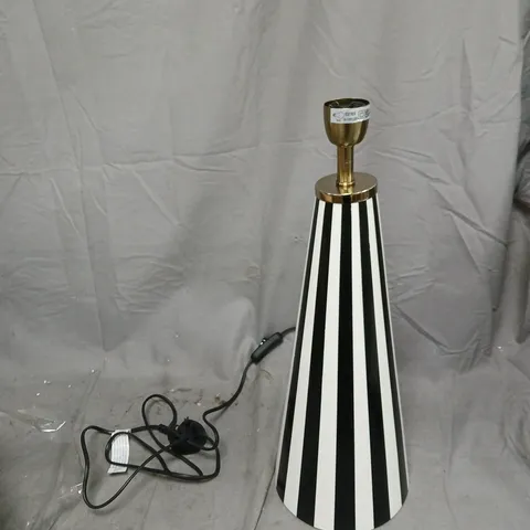 CONE-SHAPED STRIPED BLACK AND WHITE TABLE LAMP BASE WITH BRASS NECK 