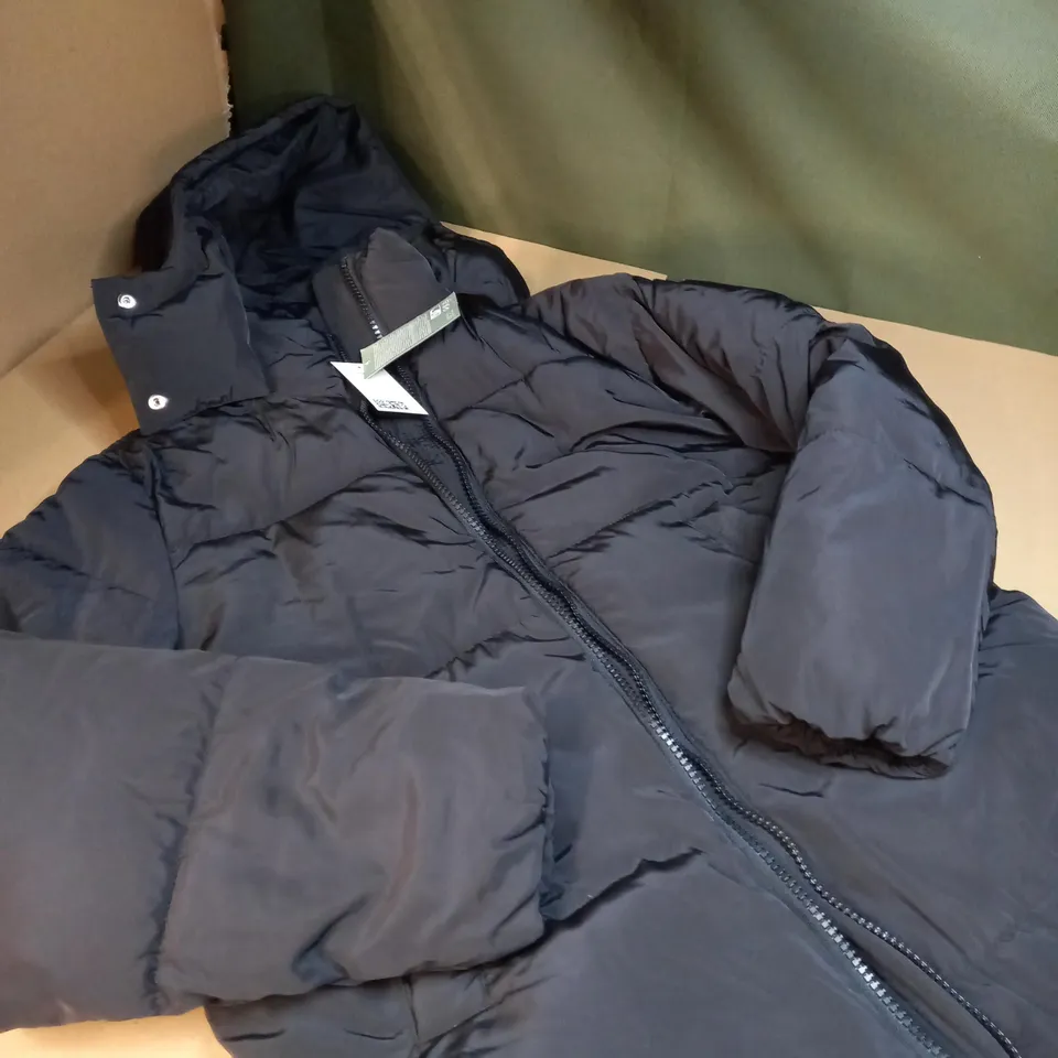 H&M BLACK PADDED/HOODED FULL LENGTH COAT - XXS