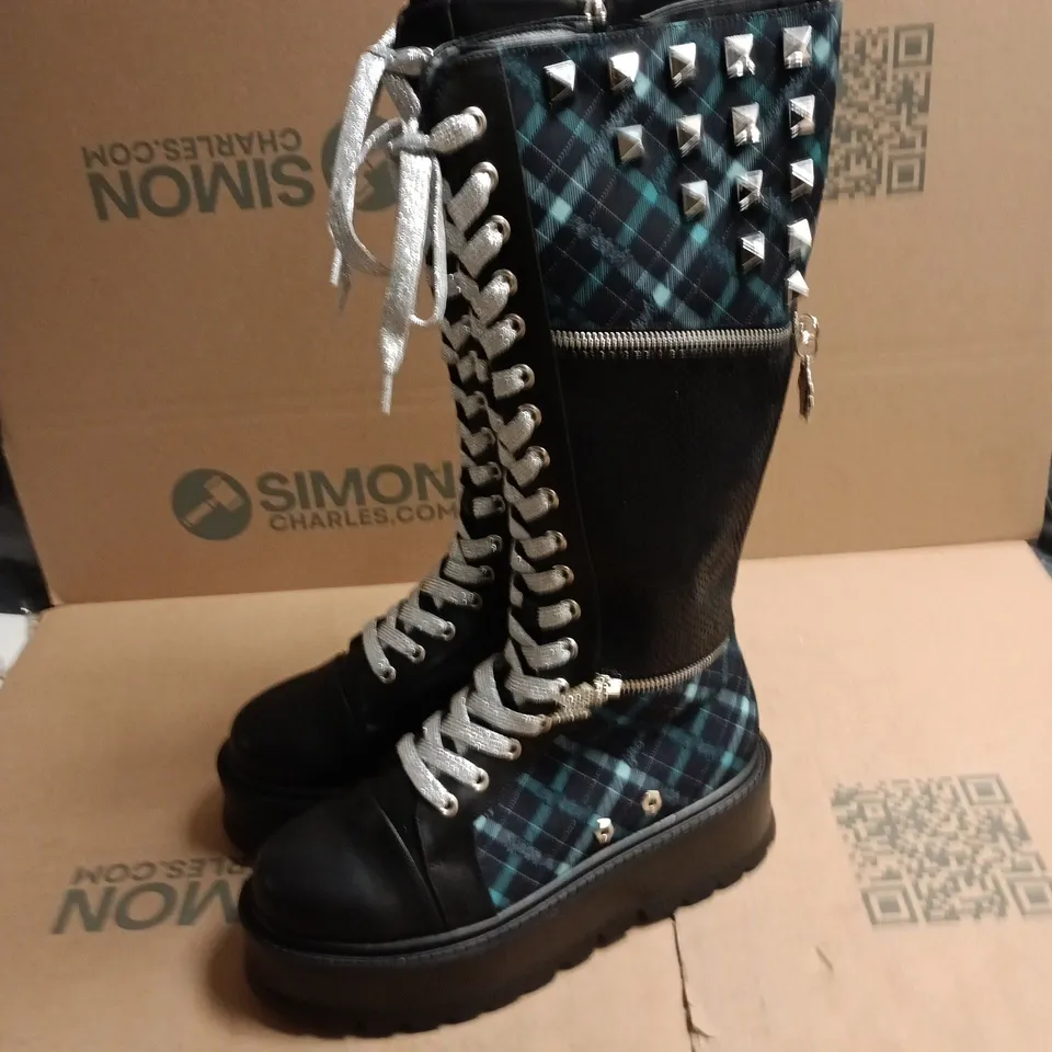 KOI X MONSTER HIGH WOMEN'S KNEE-HIGH LACE-UP BOOTS WITH SILVER STUDS, BLACK WITH TEAL PLAID PANELS – UK 9