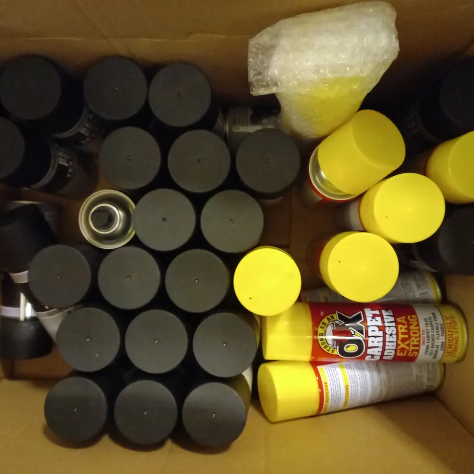 BOX OF APPROX 20 ADHESIVES TO INCLUDE - STRONG AS AN OX CARPET ADHESIVE - PAINT FACTORY REAL FEEL TEXTURED COAL BLACK 
