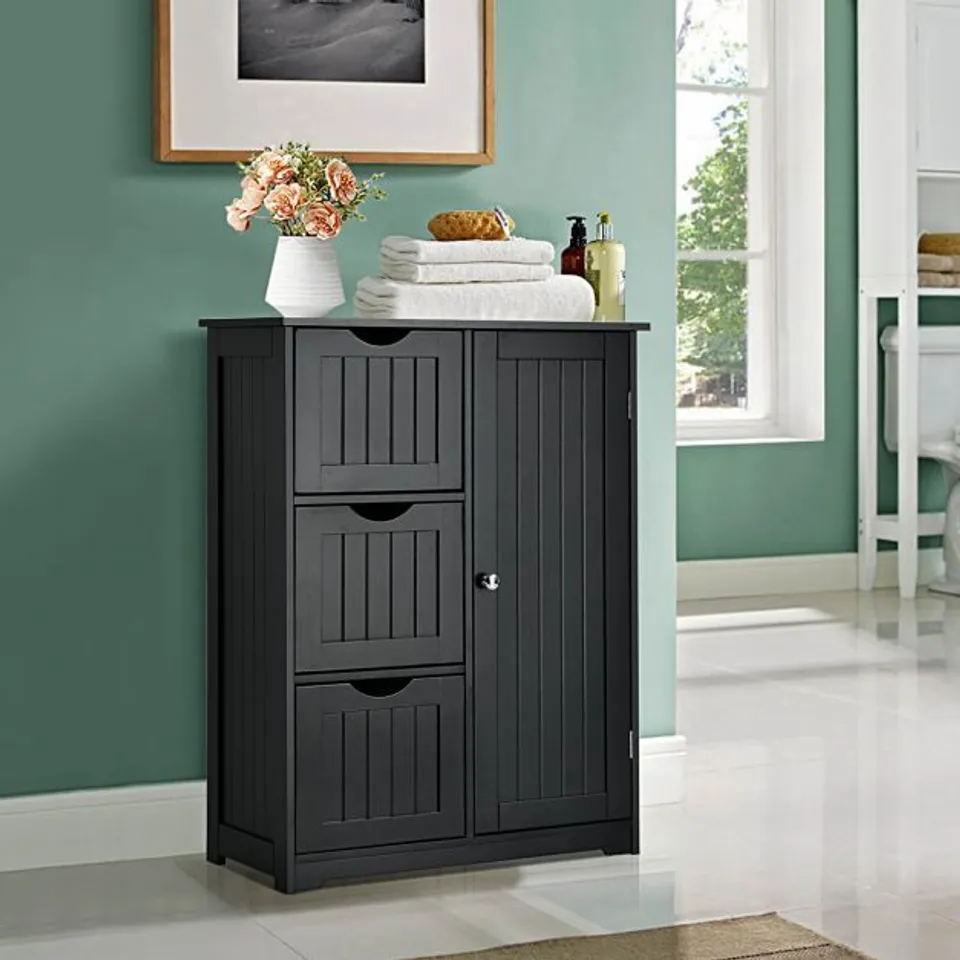 BOXED COSTWAY BATHROOM FLOOR CABINET SIDE STORAGE CABINET WITH 3 DRAWERS AND 1 CUPBOARD - BLACK