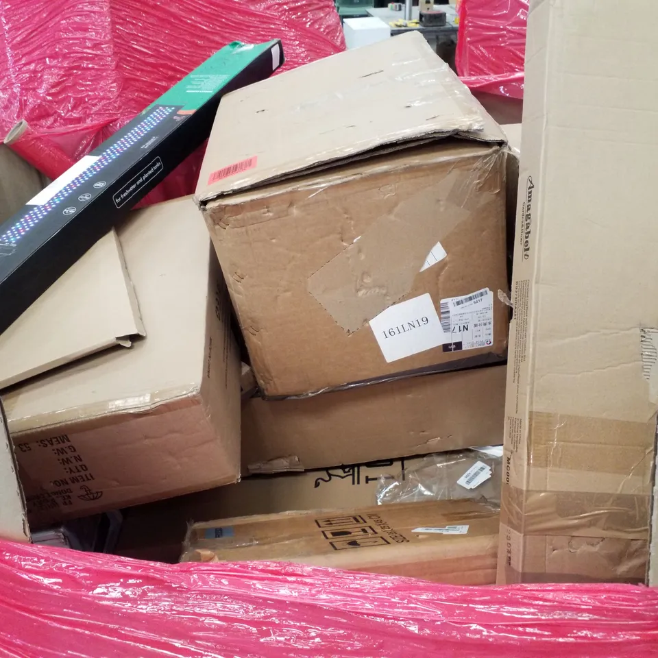 PALLET OF ASSORTED PRODUCTS INCLUDING TOILET SEAT COVER, WATER TABLE, IRONING BOARD, FLOOR TV STAND WITH GLASS BASE, AQUARIUM LED LIGHT