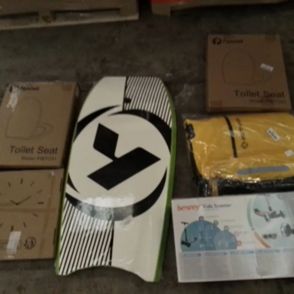 PALLET OF UNPROCESSED ITEMS TO INCLUDE KIDS SCOOTER, TOILET SEAT, AND 42" BODYBOARD