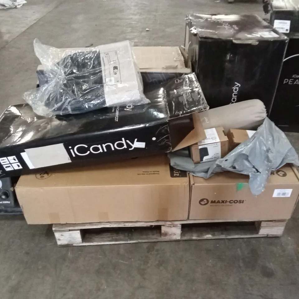 PALLET OF ASSORTED INCOMPLETE DESIGNER STROLLER/PRAM PARTS, ACCESSORIES AND PIECES 