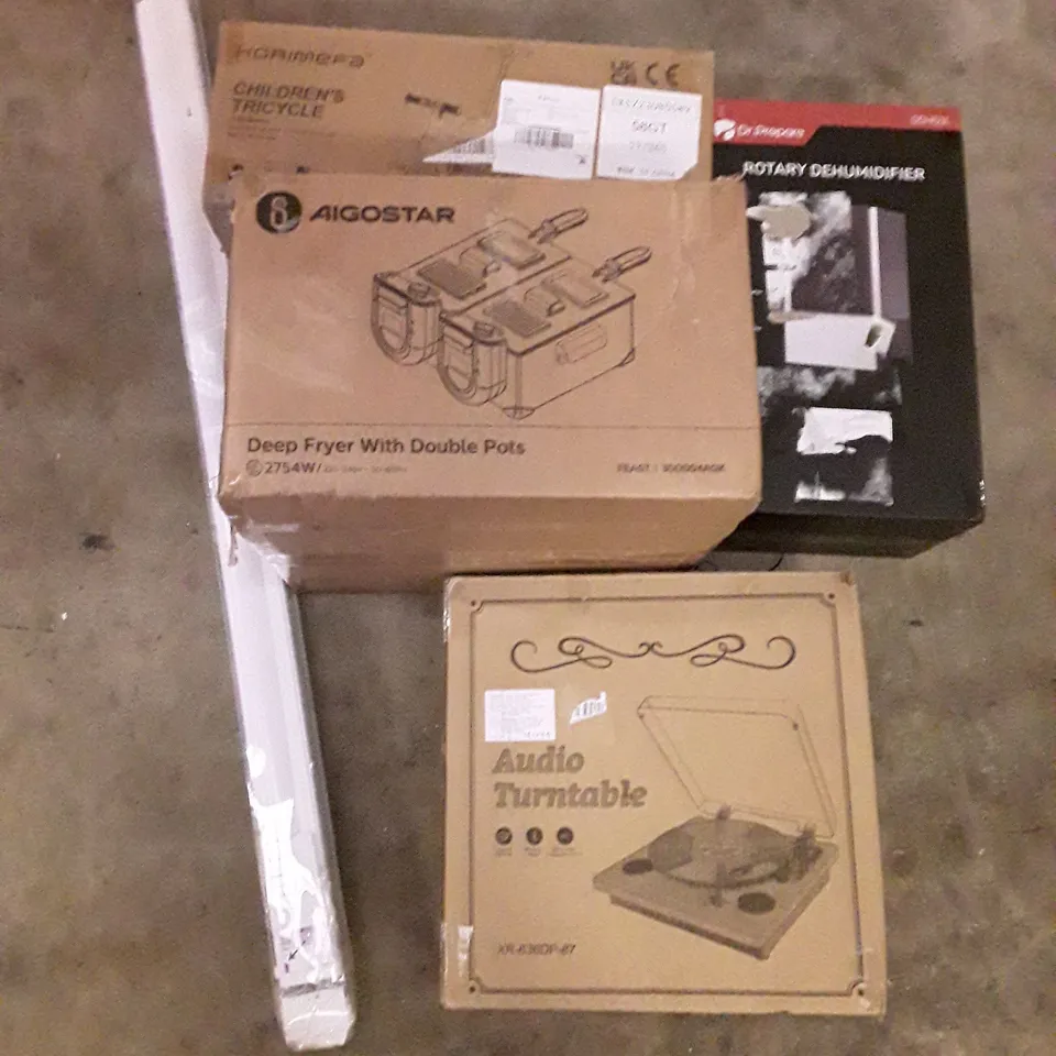 PALLET OF ASSORTED PRODUCTS INCLUDING ROTARY DEHUMIDIFIER, AUDIO TURNTABLE, DEEP FRYER WITH DOUBLE POTS, CHILDREN'S TRICYCLE, ROLLER BLIND