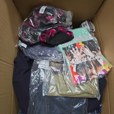 LARGE BOX OF ASSORTED CLOTHING ITEMS IN VARIOUS SIZES, STYLES AND COLOUR 