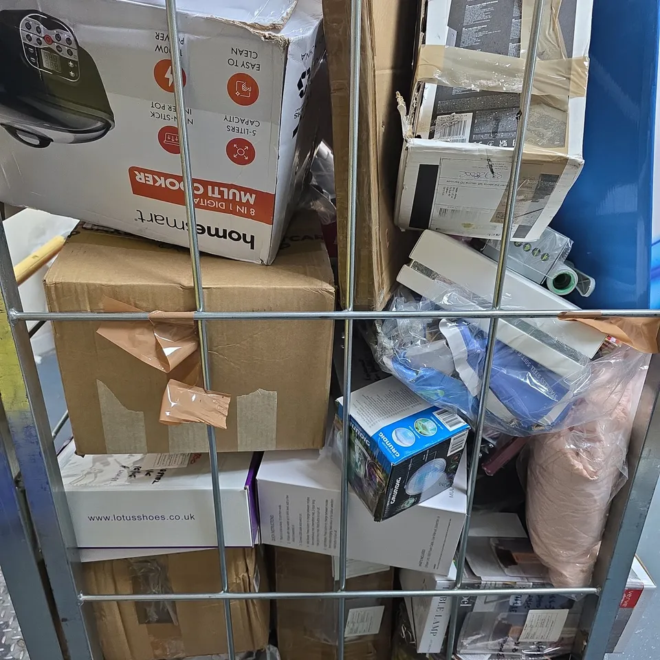 CAGE OF APPROXIMATELY 20 ASSORTED BROKEN ITEMS TO INCLUDE - STANDING FAN , STEAM MOP , TWIN GRIP CANE ETC