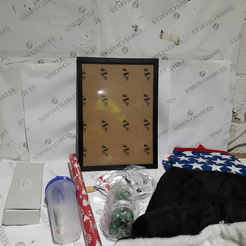 BOX OF APPROXIMATELY 20 ASSORTED ITEMS TO INCLUDE A RADIATOR FEET SET, A PICTURE FRAME AND A TABLE CLOTH