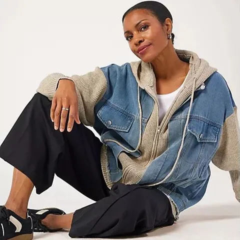 MALISSA J HOODED DENIM CABLE KNIT MIX JACKET STONE/DENIM ONE SIZE