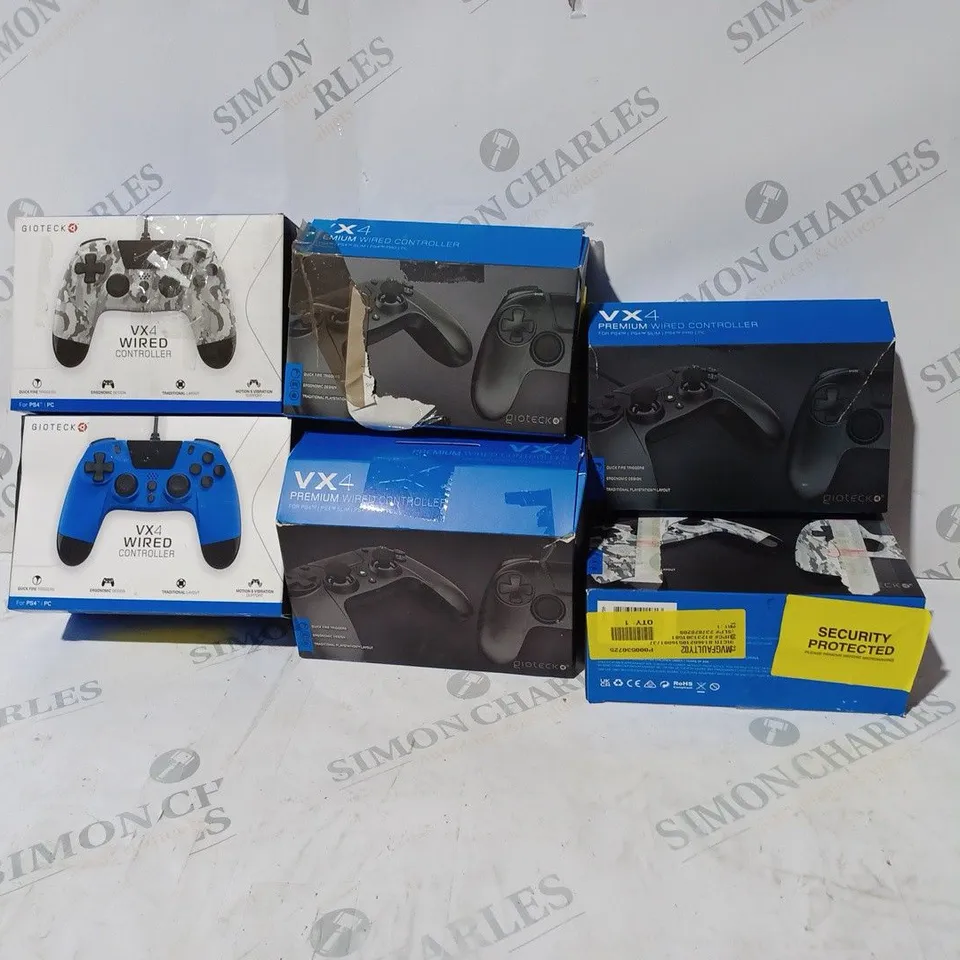 BOX OF 6 ASSORTED BOXED GIOTEK VX4 WIRED CONTROLLERS IN VARIOUS COLOURS