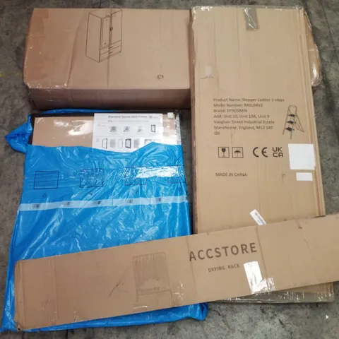 PALLET OF ASSORTED PRODUCTS INCLUDING DRYING RACK, 3 STEP STEPPER LADDER, STANDARD SPORTS SHIRT FRAME, CAMPING CABINET