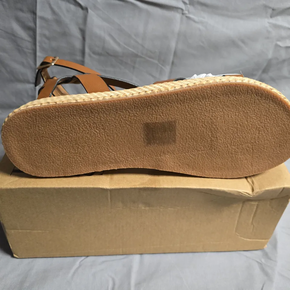 BOXED PAIR OF WHERES THAT FROM TAN SANDALS - UK SIZE 8