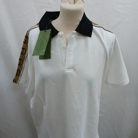 GUCCI WHITE POLO SHIRT WITH STIPE ARMS - LARGE