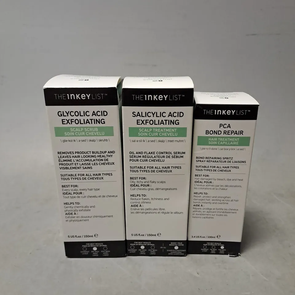 THE INKEY LIST LOT OF 3 ASSORTED HAIRCARE PRODUCTS TO INCLUDE - PCA BOND REPAIR HAIR TREATMENT - SALICYLIC ACID EXFOLIATING SCALP TREATMENT - GLYCOLIC ACID EXFOLIATING SCALP SCRUB