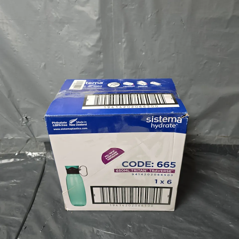 BOXED SET OF 6 SISTEMA HYDRATE 650ML TRITAN TRAVERSE BOTTLES IN VARIOUS COLOURS