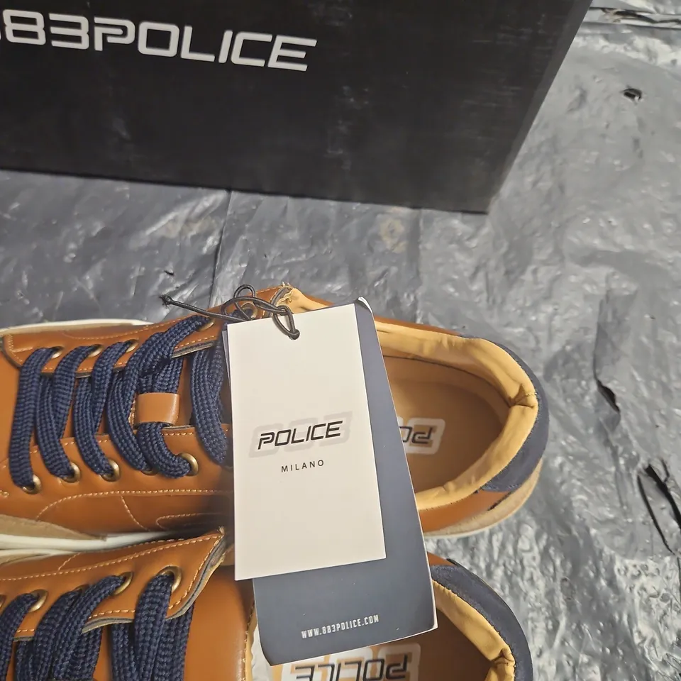 POLICE MILANO LEATHER SNEAKERS – BROWN WITH NAVY LACES, BOXED UK SIZE 7