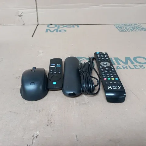 TOTE OF APPROXIMATELY 15 ASSORTED ITEMS TO INCLUDE REMOTE CONTROLS, COMPUTER MICE, CABLES, POWER SUPPLIES ETC