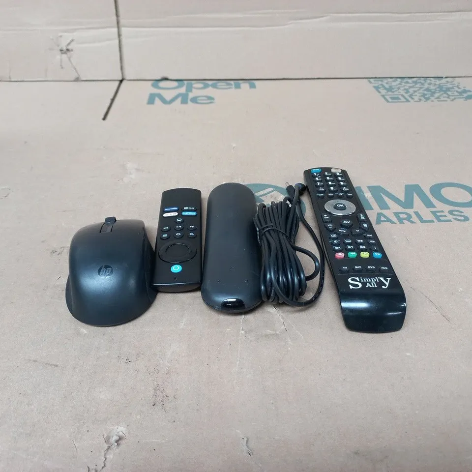 TOTE OF APPROXIMATELY 15 ASSORTED ITEMS TO INCLUDE REMOTE CONTROLS, COMPUTER MICE, CABLES, POWER SUPPLIES ETC