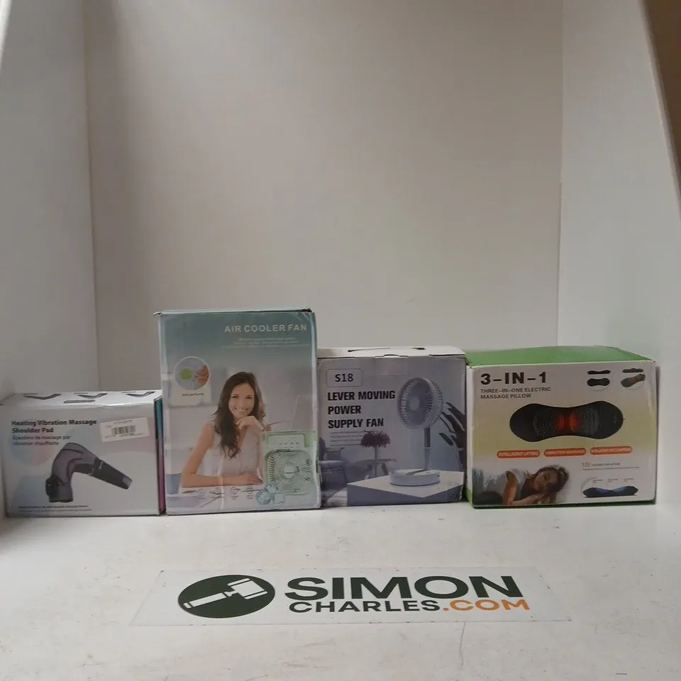 BOX OF APPROXIMATELY 10 ASSORTED ITEMS INCLUDING A HEATING VIBRATION MASSAGE SHOULDER PAD, AN AIR COOLER FAN AND A S18 LEVER MOVING POWER SUPPLY FAN