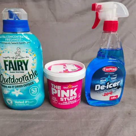 APPROX 10 ASSORTED ITEMS TO INCLUDE: FAIRY OUTDOORABLE FABRIC SOFTENER, THE PINK STUFF CLEANING PASTE & CARPLAN DE-ICER