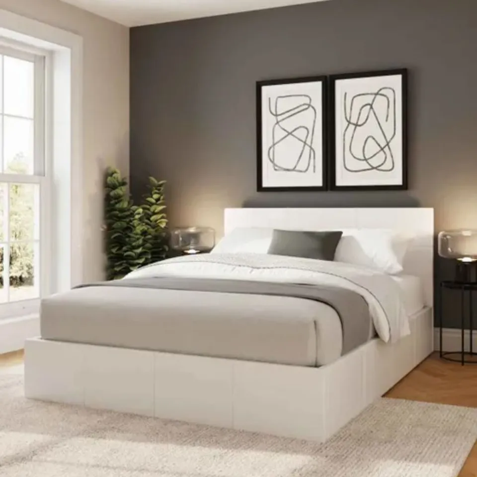 BOXED SIDE LIFT OTTOMAN BED FRAME - 5' KING SIZE, MATT WHITE (2 BOXES)