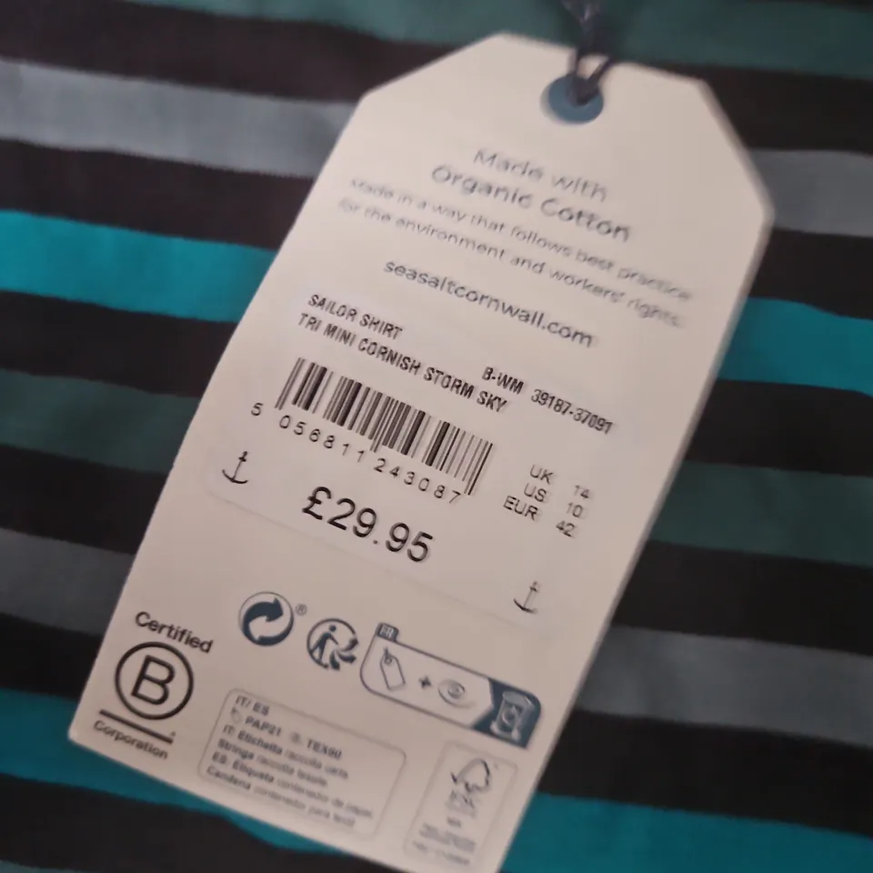 SEASALT CORNWALL WOMEN’S SAILOR STRIPE TOP – TEAL & BLACK BRETON, UK 14