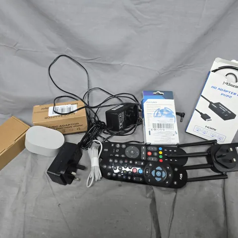 APPROXIMATELY 12 ASSORTED HOUSEHOLD ITEMS TO INCLUDE AC/DC ADAPTER, REMOTES, WIFI BOX, ETC