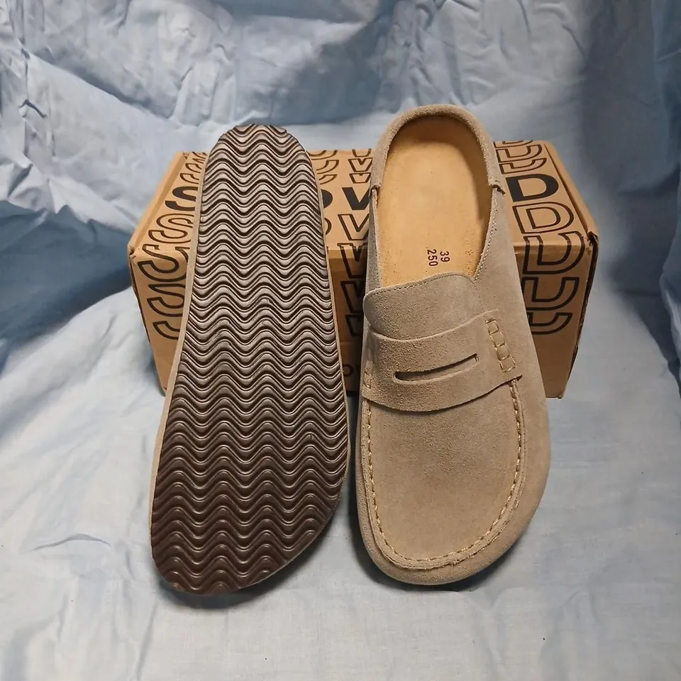 SNOWWIND TAUPE SUEDE SLIP-ON LOAFERS – UK 6 (EU 39) – BOXED