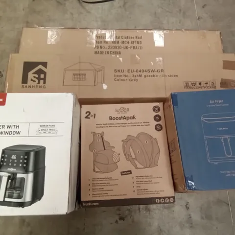 PALLET OF ASSORTED ITEMS INCLUDING TRUNKI BOOSTAPAK, AIR FRYER WITH VISIBLE WINDOW, METAL CLOTHES RAIL, GAZEBO WITH SIDES, SINGLE RAIL CLOTHES RACK, MOOLAN STEAM MOP