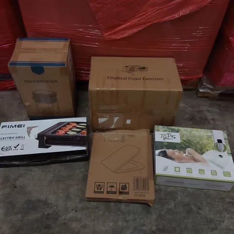 PALLET OF ASSORTED CONSUMER PRODUCTS TO INCLUDE: ELLIPTICAL PEDAL EXERCISER, DEHUMIDIFIER, TABLETOP INDOOR GRILL, ELECTRIC BLANKET, TOILET SEAT ECT