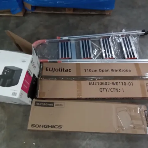 PALLET OF ASSORTED ITEMS INCLUDING INSTANT VORTEX AIR FRYER, SONGMICS CLOTHES RACK, 110CM OPEN WARDROBE , 4 STEP LADDER, SPRING LOADED TENSION ROD