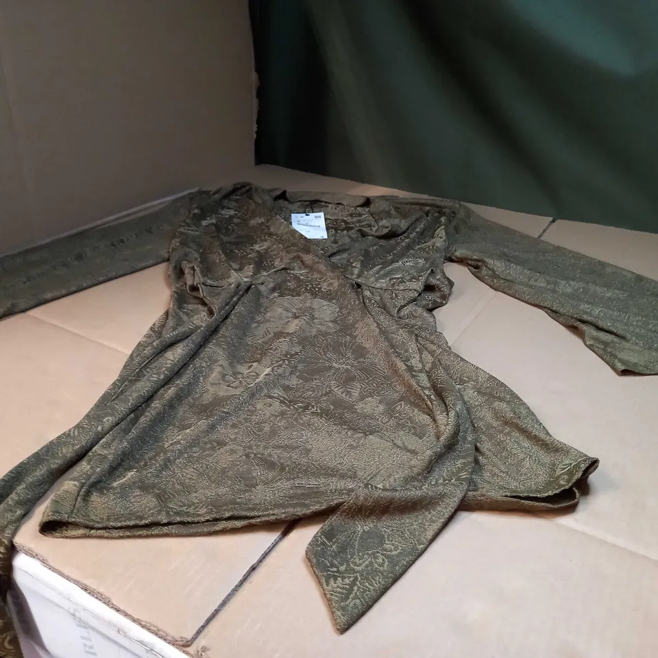 ZARA KHAKI TEXTURED WIDE SLEEVED PLUNGE MINI DRESS - SMALL