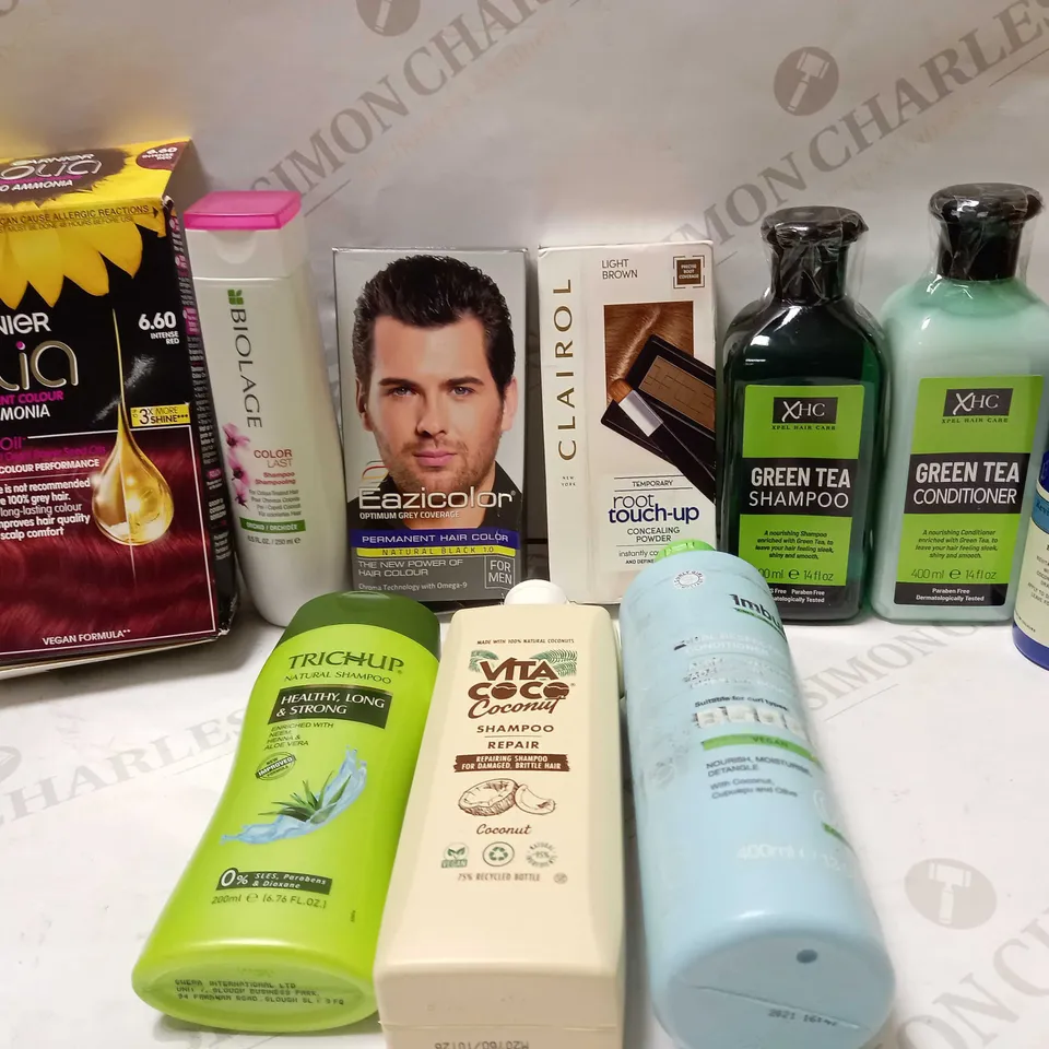 LOT OF APPROX 10 ASSORTED HAIRCARE ITEMS TO INCLUDE NEAL'S YARD CONDITIONER, ROOT TOUCHUP POWDER, REPAIR SHAMPOO, ETC