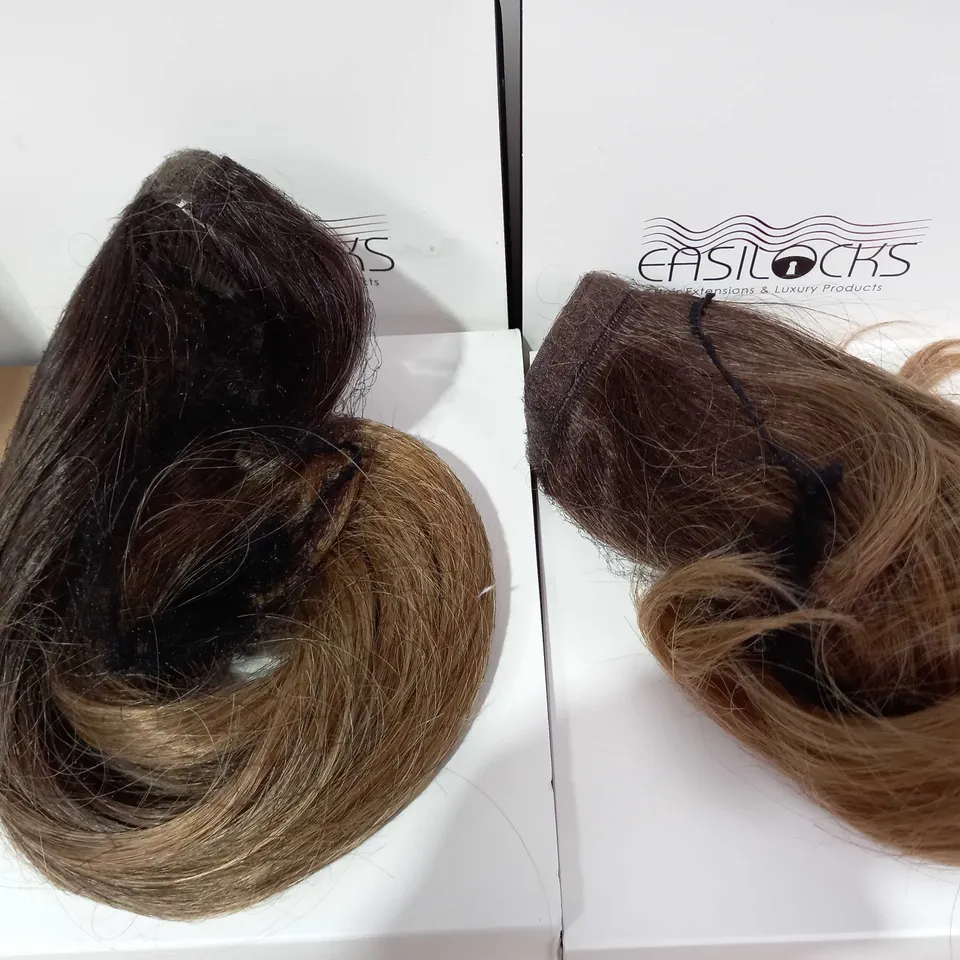 EASILOCKS HAIR BUNDLE OF 5 BOXES: LIGHTEST BROWN OMBRE - 1 EACH OF: SCRUNCHIE, 12" PONYTAIL, 16" PONYTAIL, FRINGE AND KATIE WIG KATIE WIG