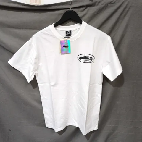 WHITE T-SHIRT WITH BLACK OVAL BOAT LOGO – MEDIUM  AUTHENTIC BRAND