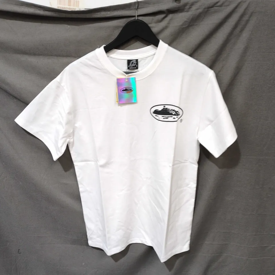 WHITE T-SHIRT WITH BLACK OVAL BOAT LOGO – MEDIUM  AUTHENTIC BRAND